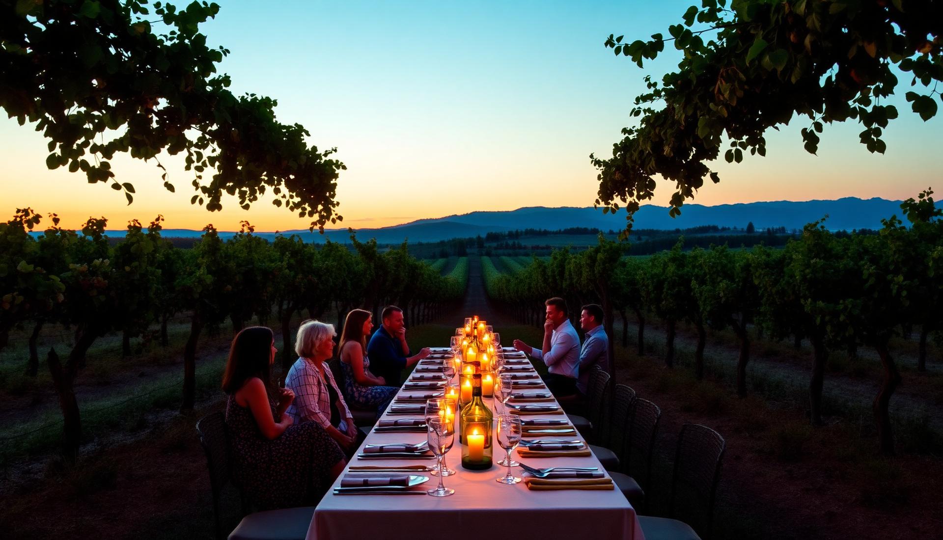 Candlelit dinner in a Tuscan vineyard at dusk