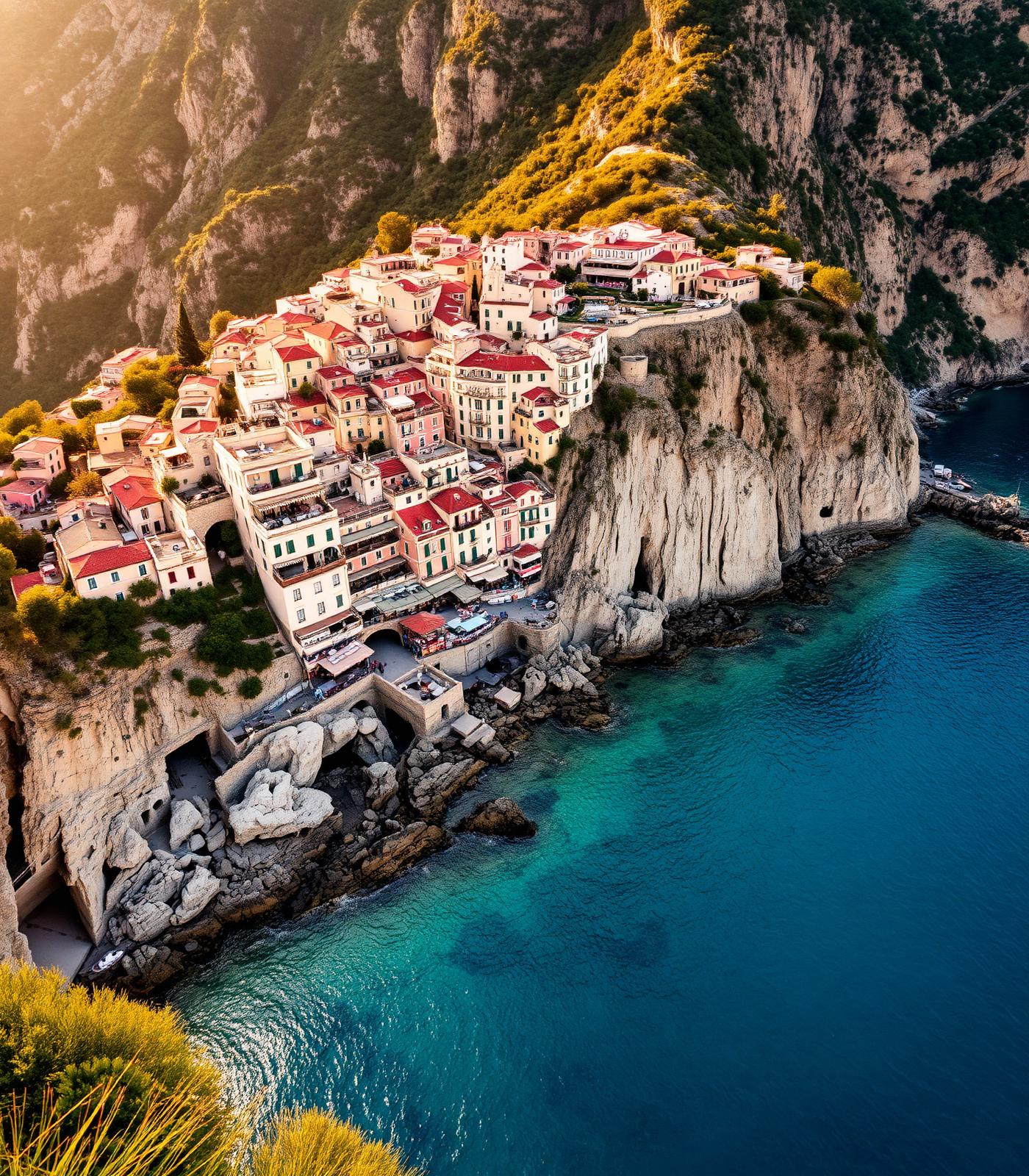 Cliffside village on the Italian coast at golden hour