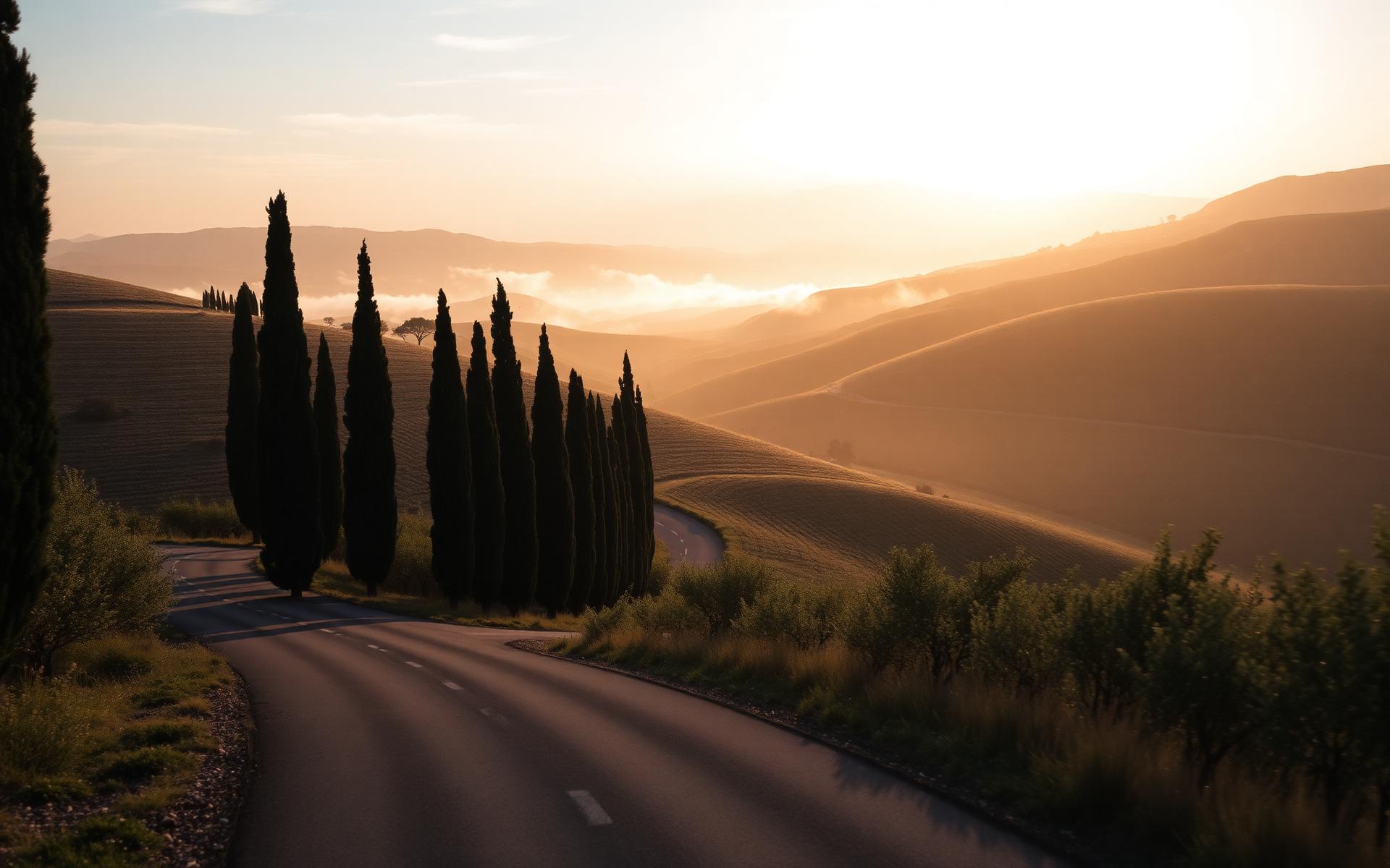 Rolling Tuscan hills at golden hour with cypress trees lining a country road